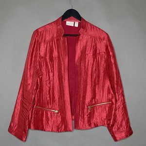 Chico's Red Open‎ Front Jacket Gold Zippers On Pockets Size 3 or US 16